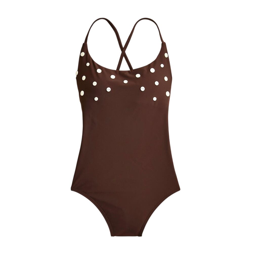 J.Crew Button Trim Scoopback One-Piece Swimsuit Inky Espresso Brown Size 4 NWT